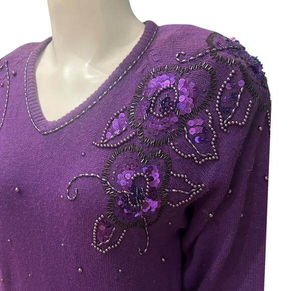 Vintage 1980s Purple Knit Beaded Sequin Sweater Dress / Size Small - - Picture 2 of 5